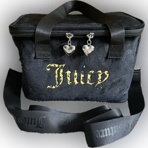 Juicy Couture Black Velvet Insulated Lunch Bag with Gold Logo and Heart Charms